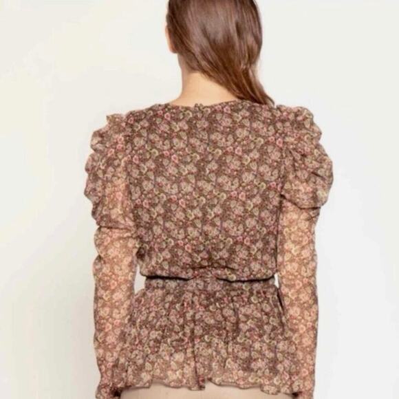 NWOT Walter Baker Rita Floral Wrap Peplum Top Brown Pink Green Size Large - Picture 7 of 12